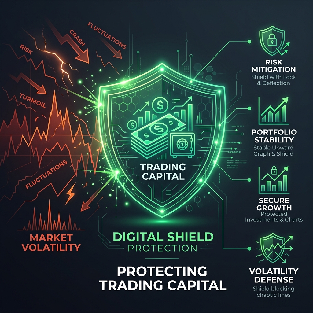 Visual diagram showing a digital shield protecting trading capital from market volatility
