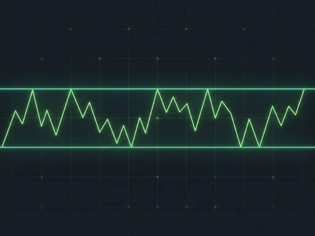 Visual diagram showing price trapped in a tight sideways channel, repeatedly bouncing between a horizontal floor and ceiling