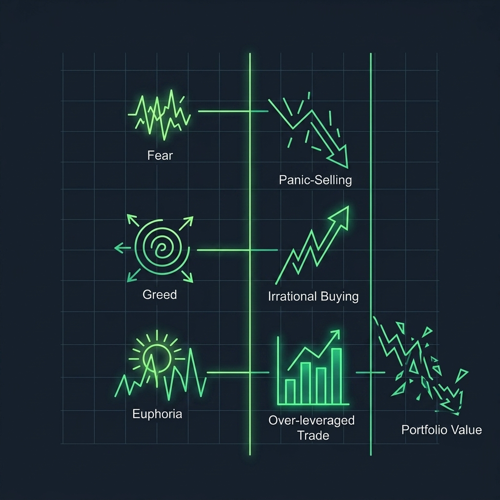 Visual diagram showing the chaotic, erratic equity curve of an emotional trader compared to the smooth trajectory of a mechanical trader