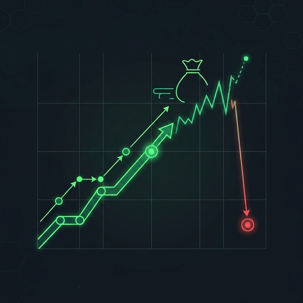 Visual diagram showing a trader holding a winning position past the logical target, only for the market to reverse and crash