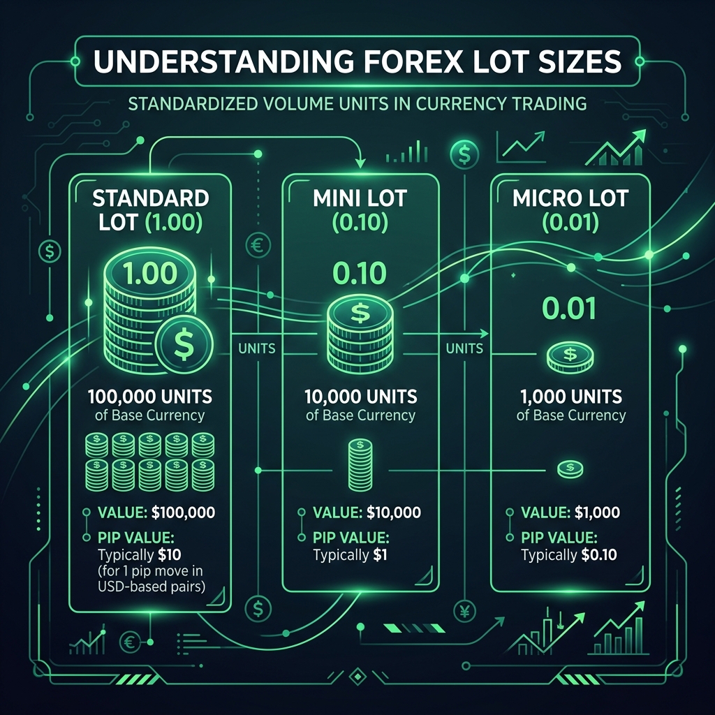 Visual diagram showing standardized volume lot size units in forex trading (Standard, Mini, Micro)