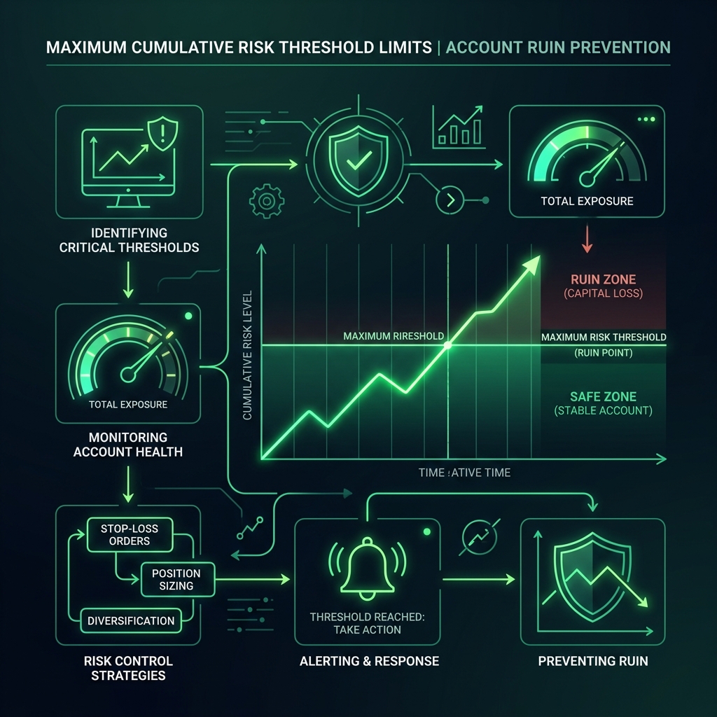 Visual diagram showing maximum cumulative risk threshold limits on an account preventing ruin