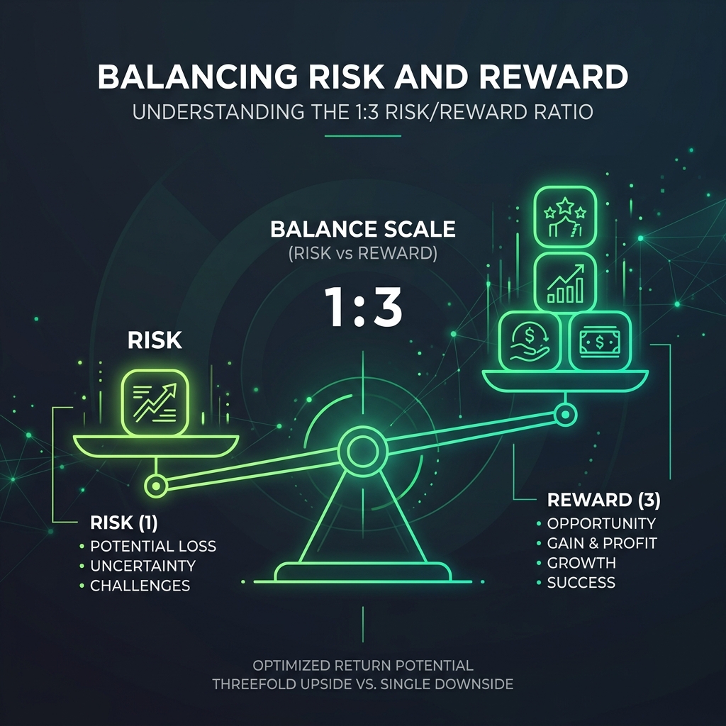 Visual diagram showing a balance scale between risk and a much larger reward