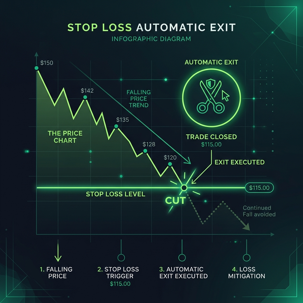 Visual diagram showing a stop loss automatic exit cutting a falling price chart