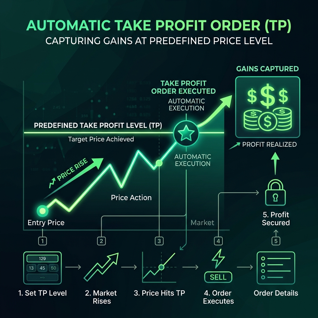 Visual diagram showing an automatic take profit order capturing gains at a predefined price level