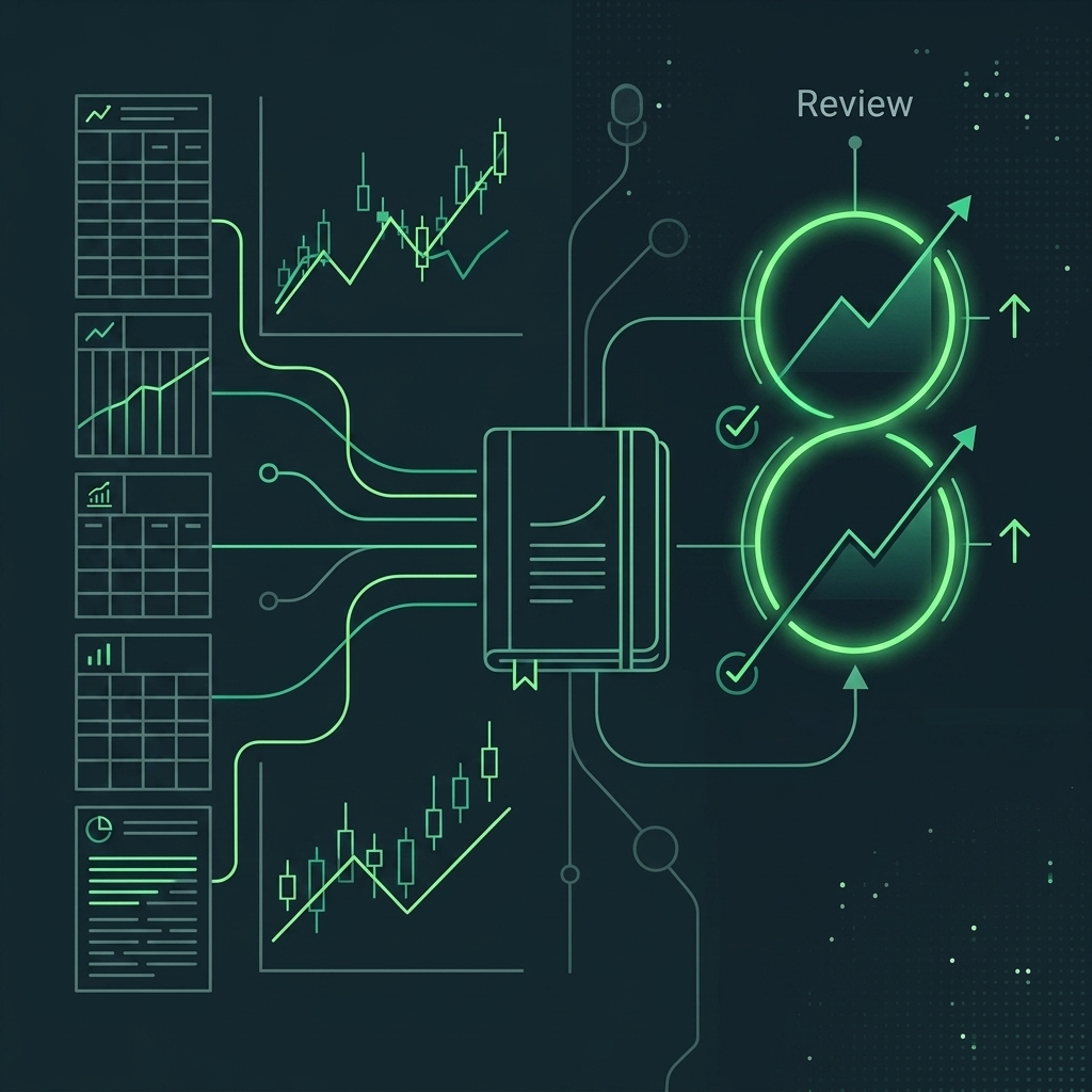 Visual diagram showing how trade execution data feeds into a journal, which is reviewed to improve future execution